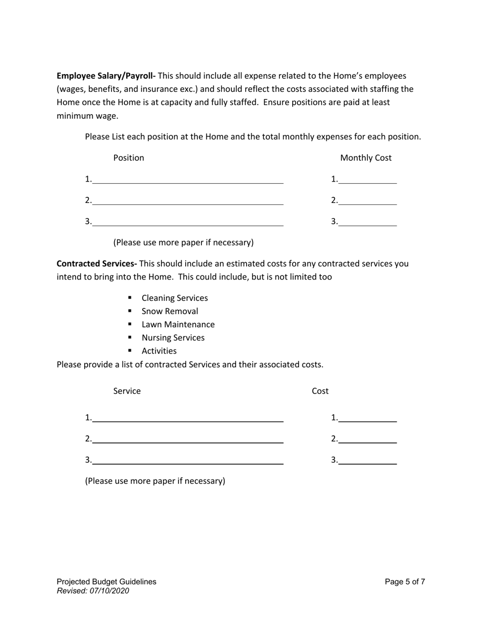 Assisted Living Home Projected Budget Guidelines - Alaska, Page 5