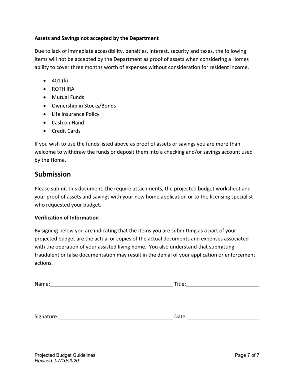 Assisted Living Home Projected Budget Guidelines - Alaska, Page 7