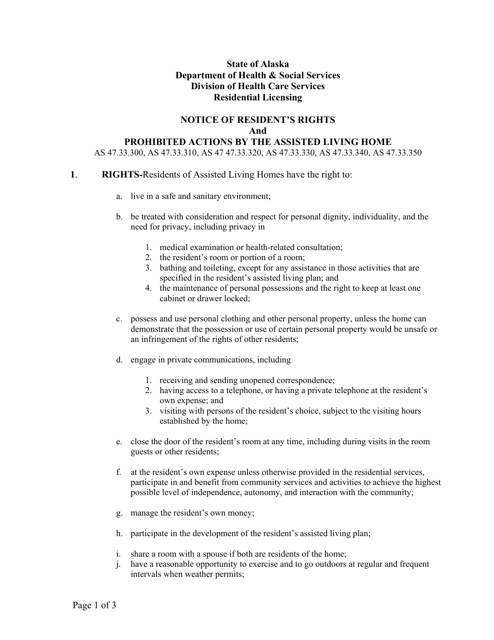 Notice of Resident's Rights and Prohibited Actions by the Assisted Living Home - Alaska Download Pdf