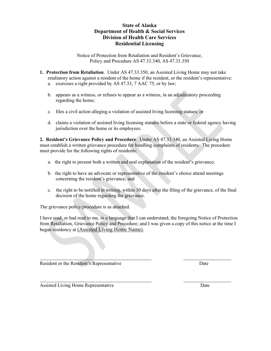Notice of Protection From Retaliation and Residents Grievance, Policy and Procedure as 47.33.340, as 47.33.350 - Alaska, Page 1
