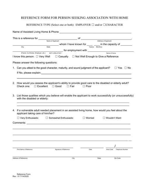 Reference Form for Person Seeking Association With Home - Alaska