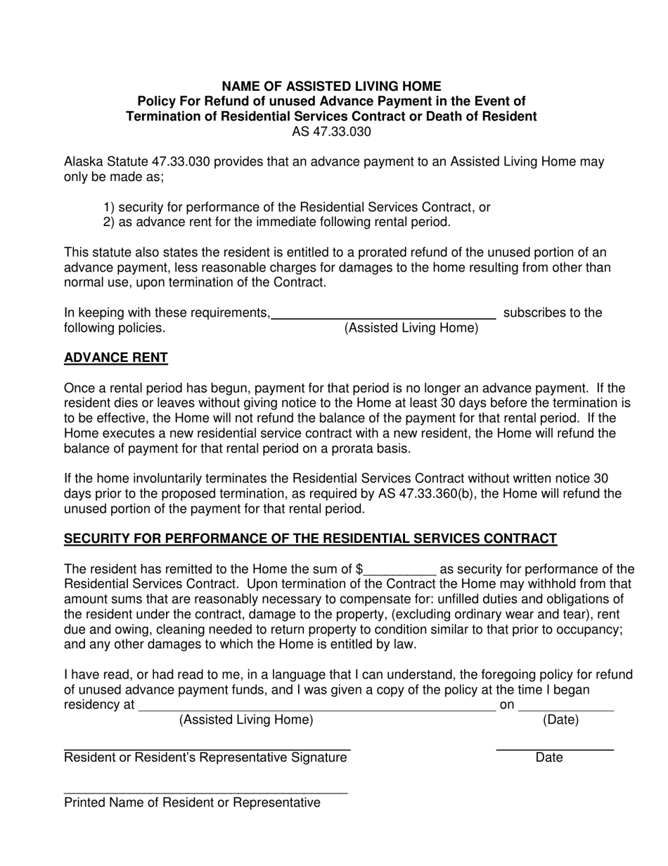Policy for Refund of Unused Advance Payment in the Event of Termination of Residential Services Contract or Death of Resident - Alaska, Page 1
