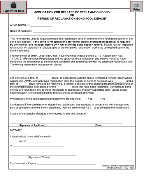 Application for Release of Reclamation Bond or Refund of Reclamation Bond Pool Deposit - Alaska Download Pdf
