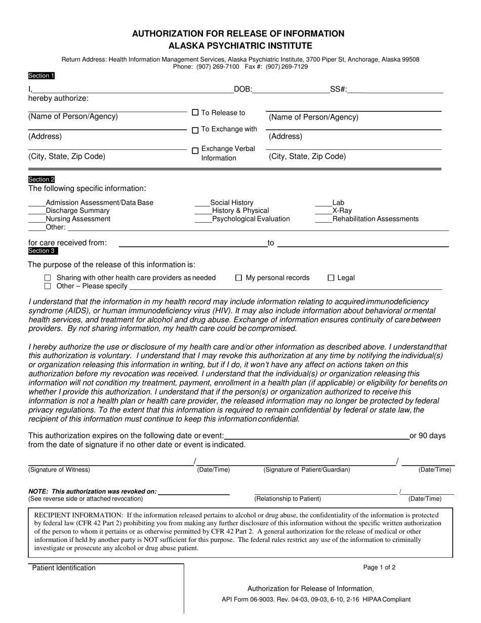 API Form 06-9003 Authorization for Release of Information - Alaska Psychiatric Institute - Alaska, Page 1