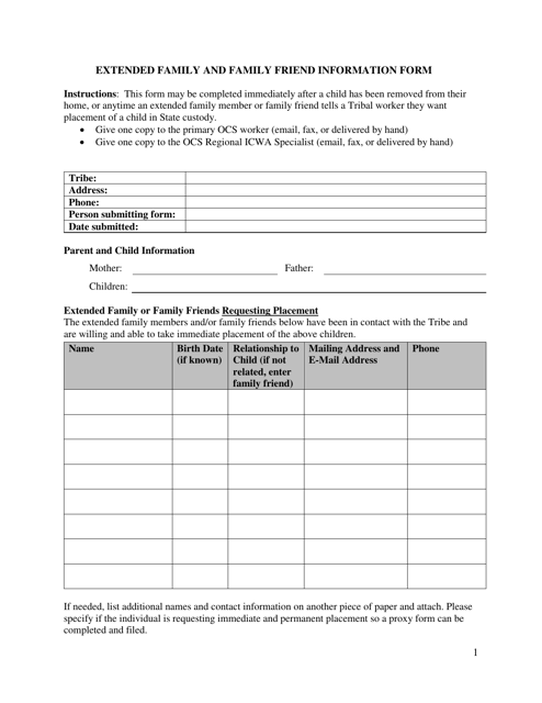 Extended Family and Family Friend Information Form - Alaska Download Pdf