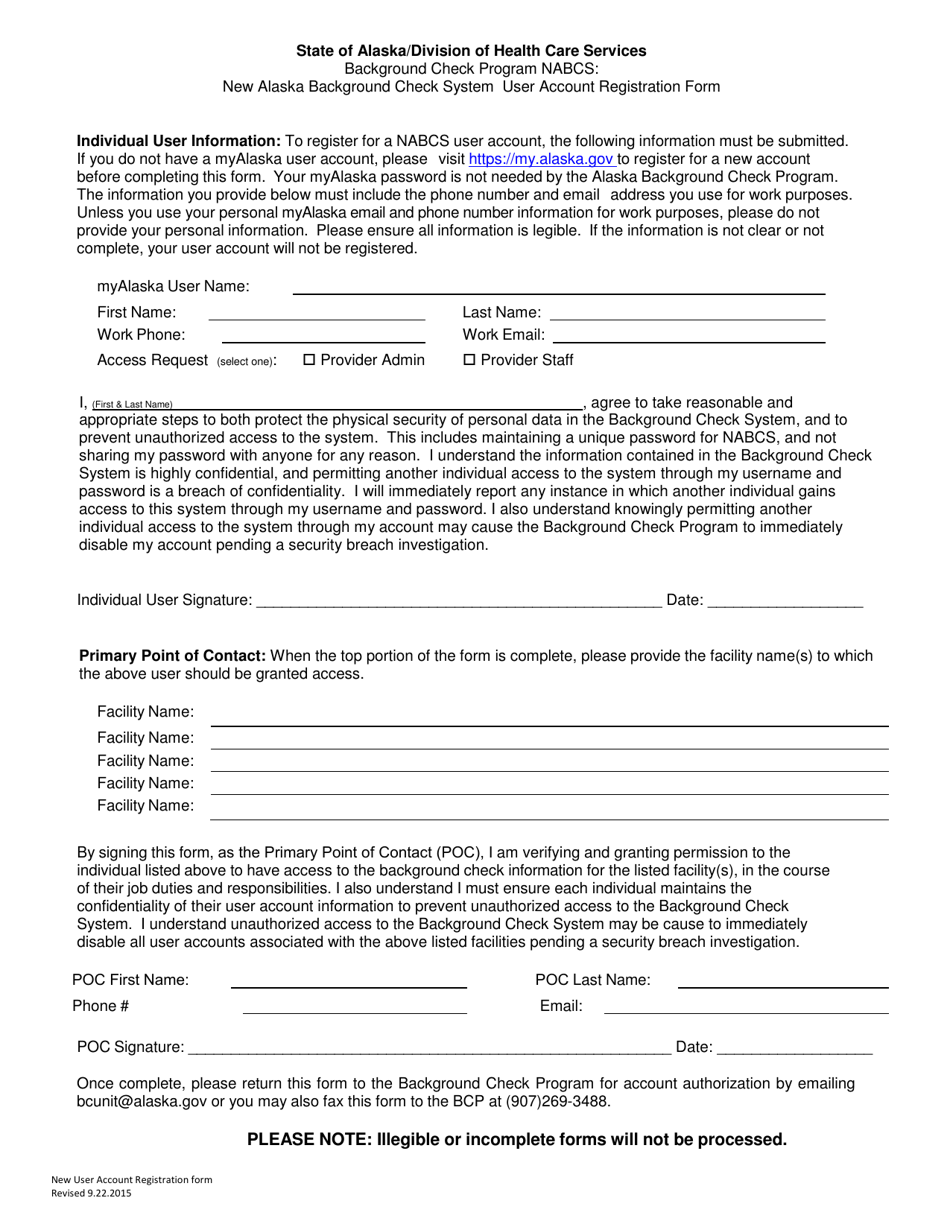 New Alaska Background Check System User Account Registration Form - Alaska, Page 1