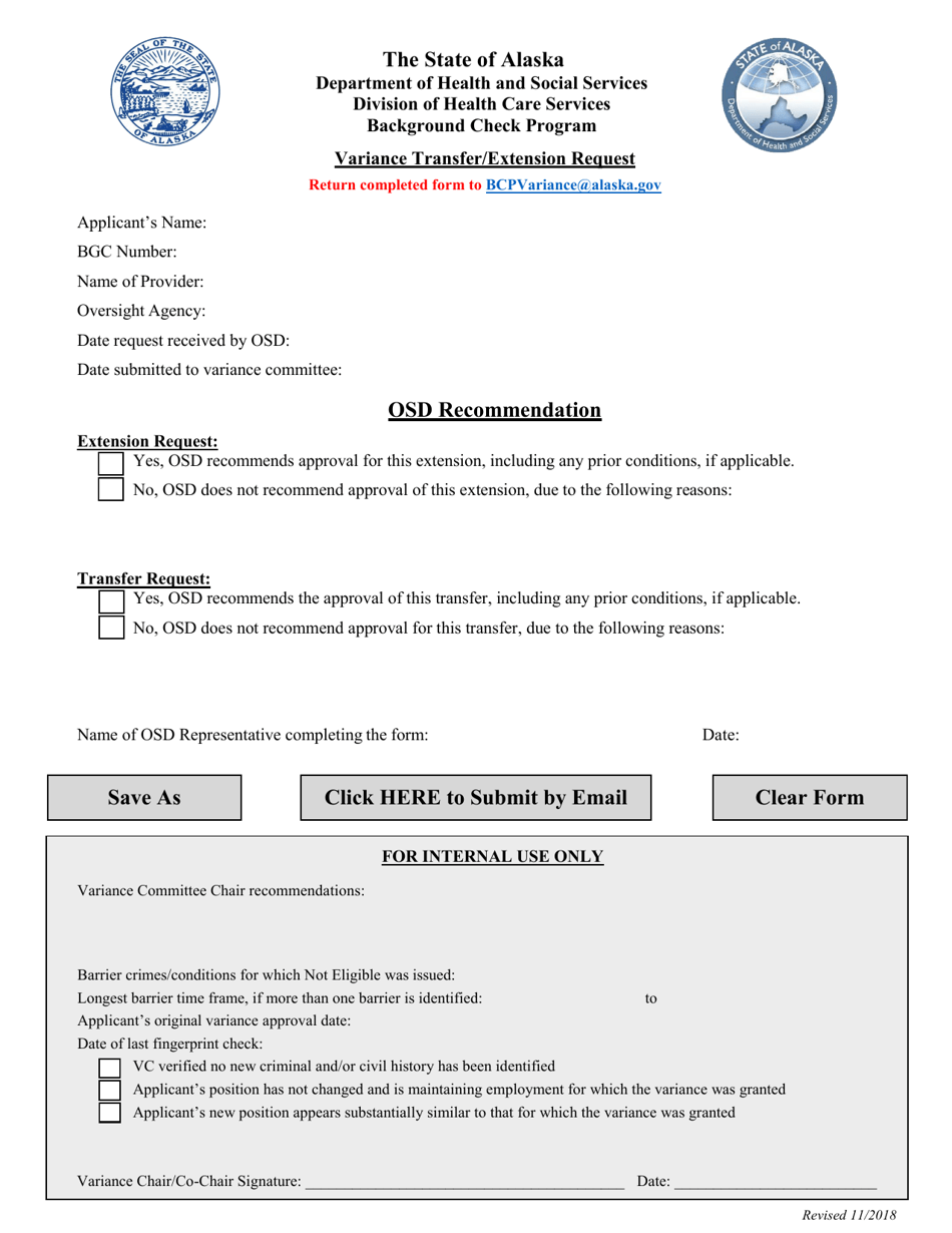 Variance Transfer / Extension Request - Alaska, Page 1