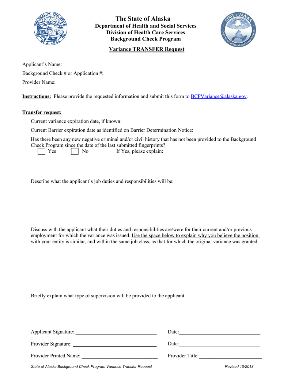 Variance Transfer Request - Alaska, Page 1