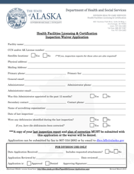 Document preview: Health Facilities Licensing & Certification Inspection Waiver Application - Alaska