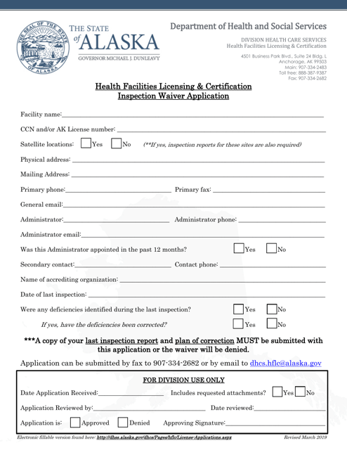 Health Facilities Licensing & Certification Inspection Waiver Application - Alaska