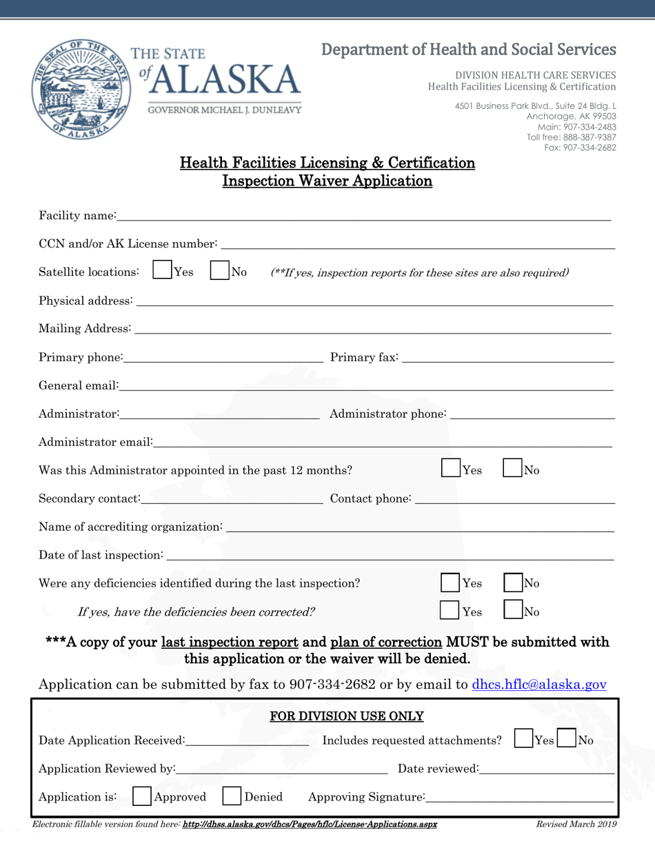 Health Facilities Licensing  Certification Inspection Waiver Application - Alaska, Page 1