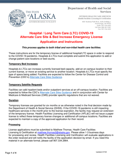 Hospital / Long Term Care (Ltc) Emergency Licensure Application - Alaska Download Pdf