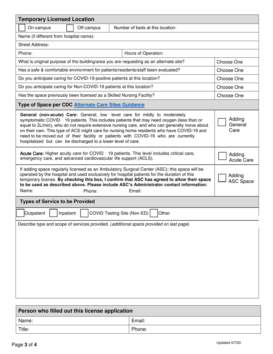 Hospital / Long Term Care (Ltc) Emergency Licensure Application - Alaska, Page 3