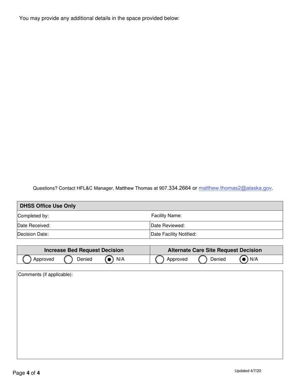 Hospital / Long Term Care (Ltc) Emergency Licensure Application - Alaska, Page 4