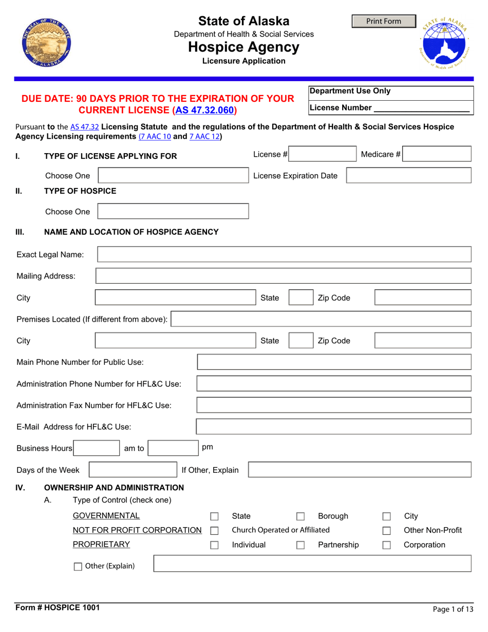 Form Hospice1001 Hospice Agency Licensure Application - Alaska, Page 1