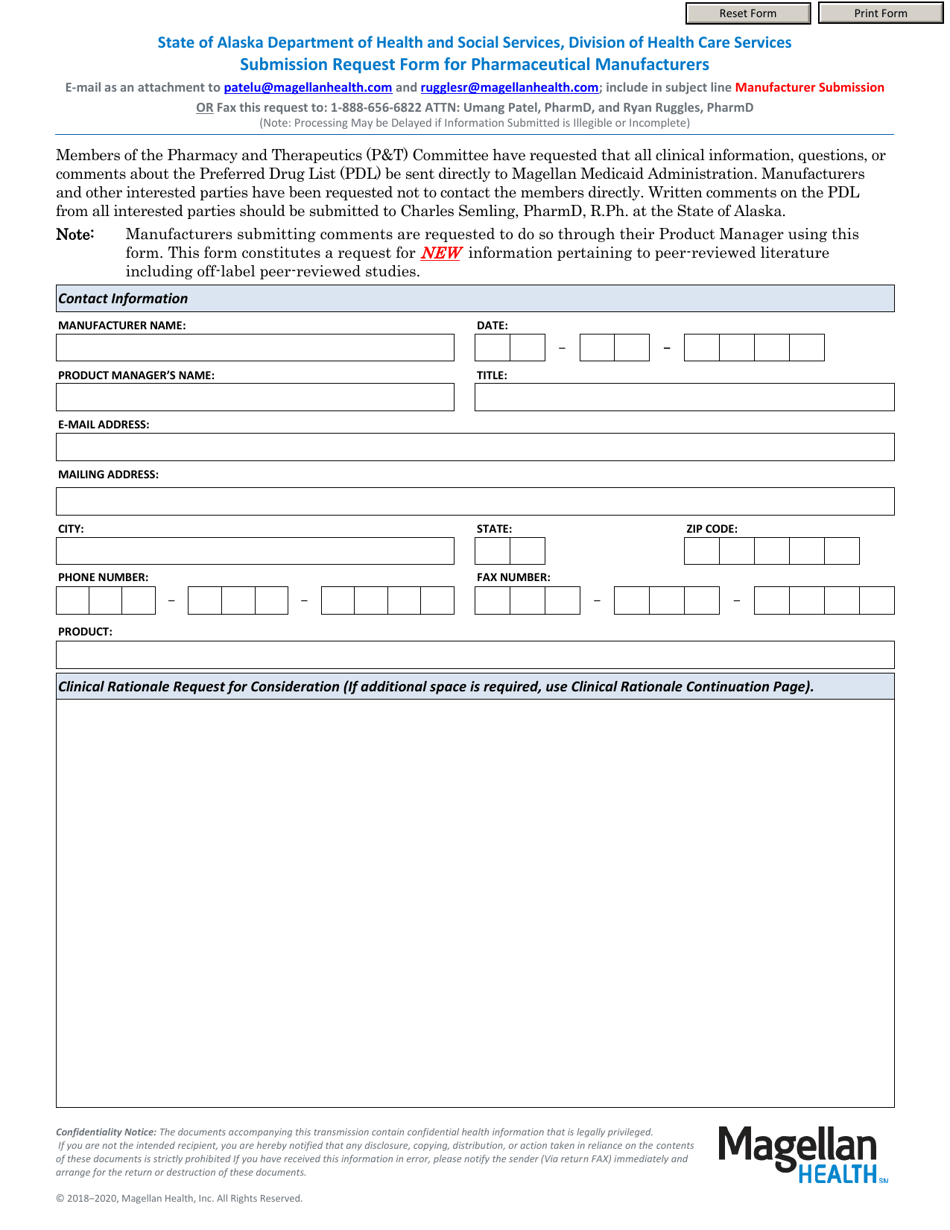 Submission Request Form for Pharmaceutical Manufacturers - Alaska, Page 1