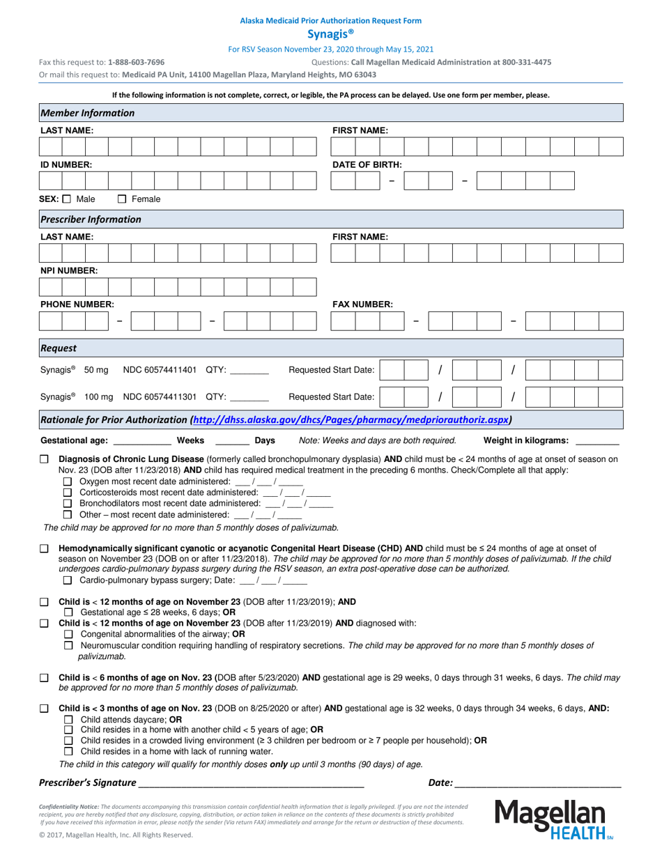 Alaska Medicaid Prior Authorization Request Form - Synagis - Alaska, Page 1