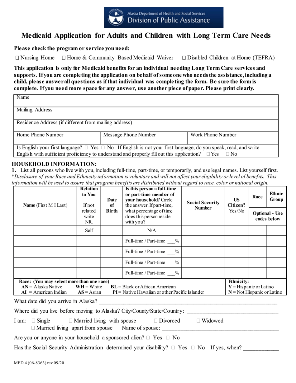 Form MED4 Medicaid Application for Adults and Children With Long Term Care Needs - Alaska, Page 1