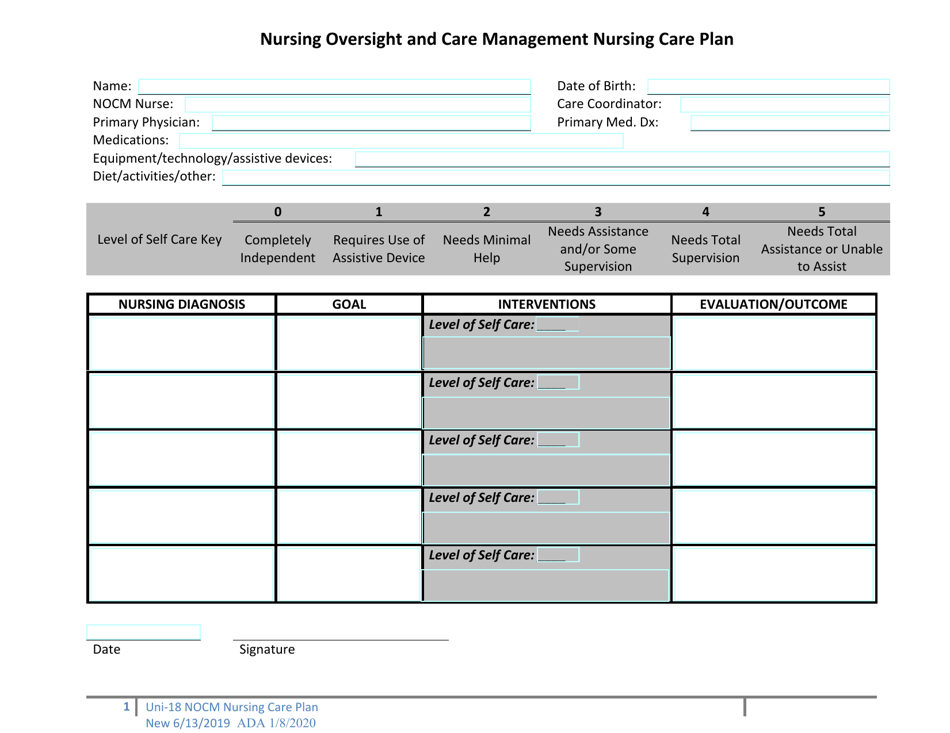 Form UNI-18 Nursing Oversight and Care Management Nursing Care Plan - Alaska, Page 1