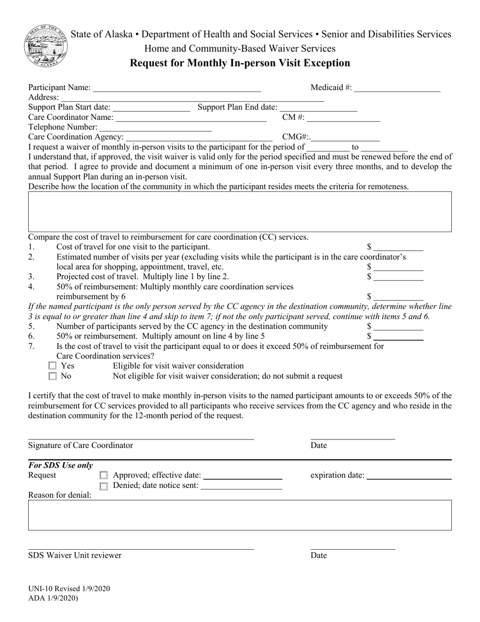 Form UNI-10 Request for Monthly in-Person Visit Exception - Alaska, Page 1