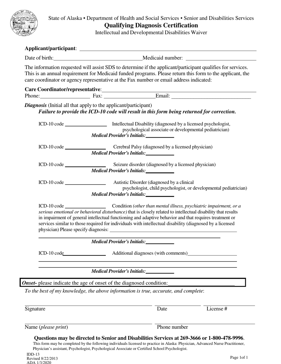 Form IDD-13 Qualifying Diagnosis Certification - Alaska, Page 1