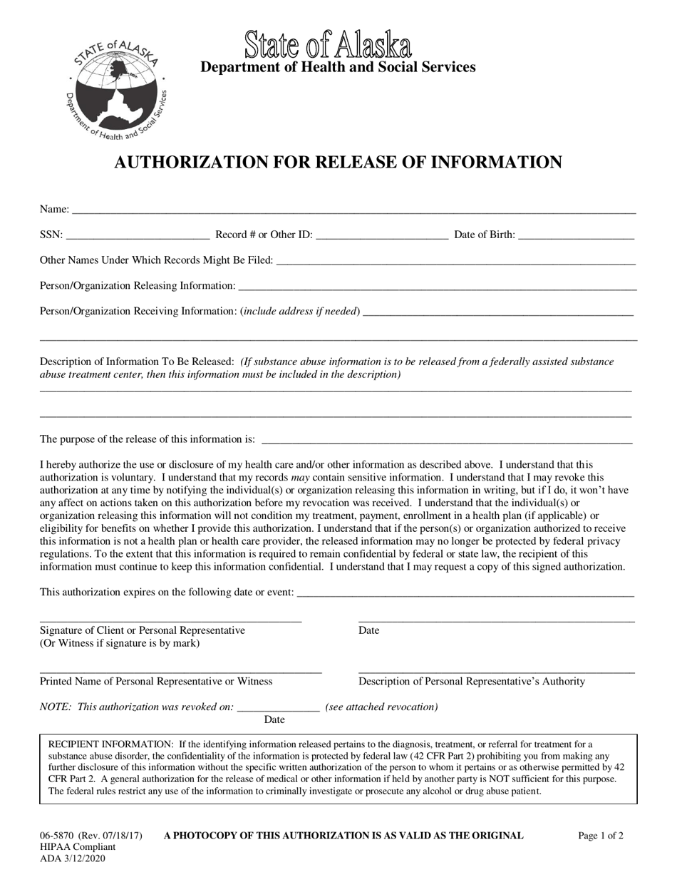Form 06-5870 Authorization for Release of Information - Alaska, Page 1