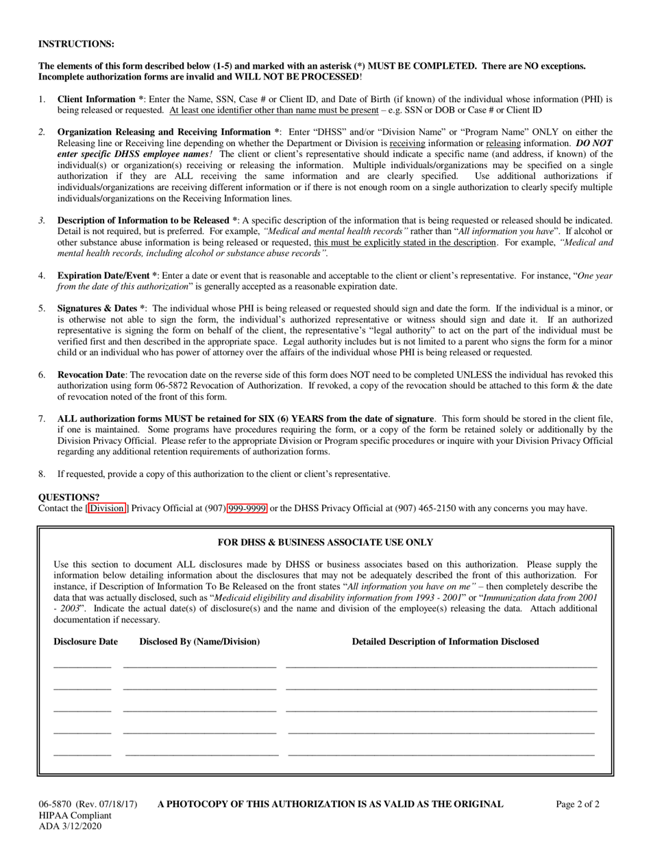 Form 06-5870 Authorization for Release of Information - Alaska, Page 2
