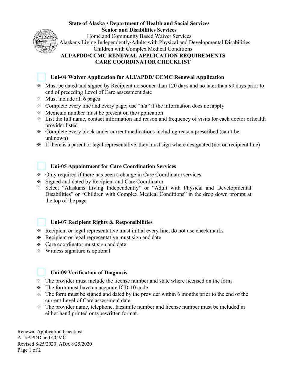 Ali / Apdd / Ccmc Renewal Application Requirements Care Coordinator Checklist - Alaska, Page 1