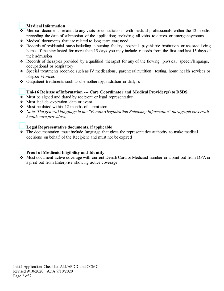 Ali / Apdd / Ccmc Initial Application Requirements Care Coordinator Checklist - Alaska, Page 2