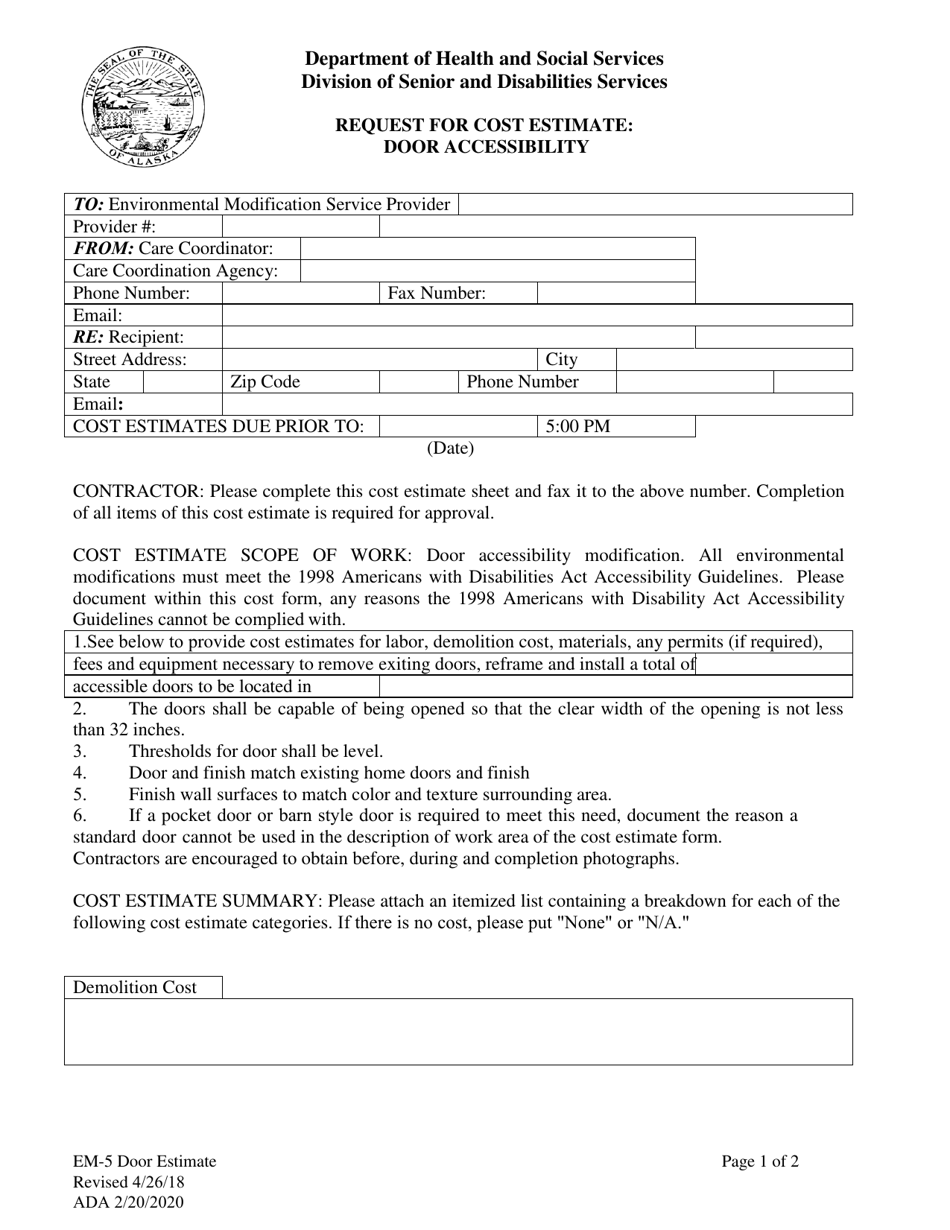 Form EM-5 Request for Cost Estimate - Door Accessibility - Alaska, Page 1