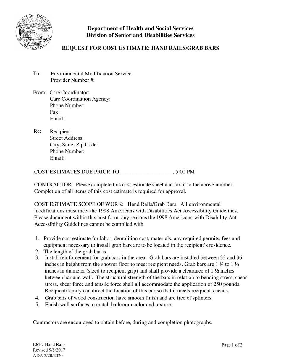 Form EM-7 Request for Cost Estimate - Hand Rails and Grab Bars - Alaska, Page 1