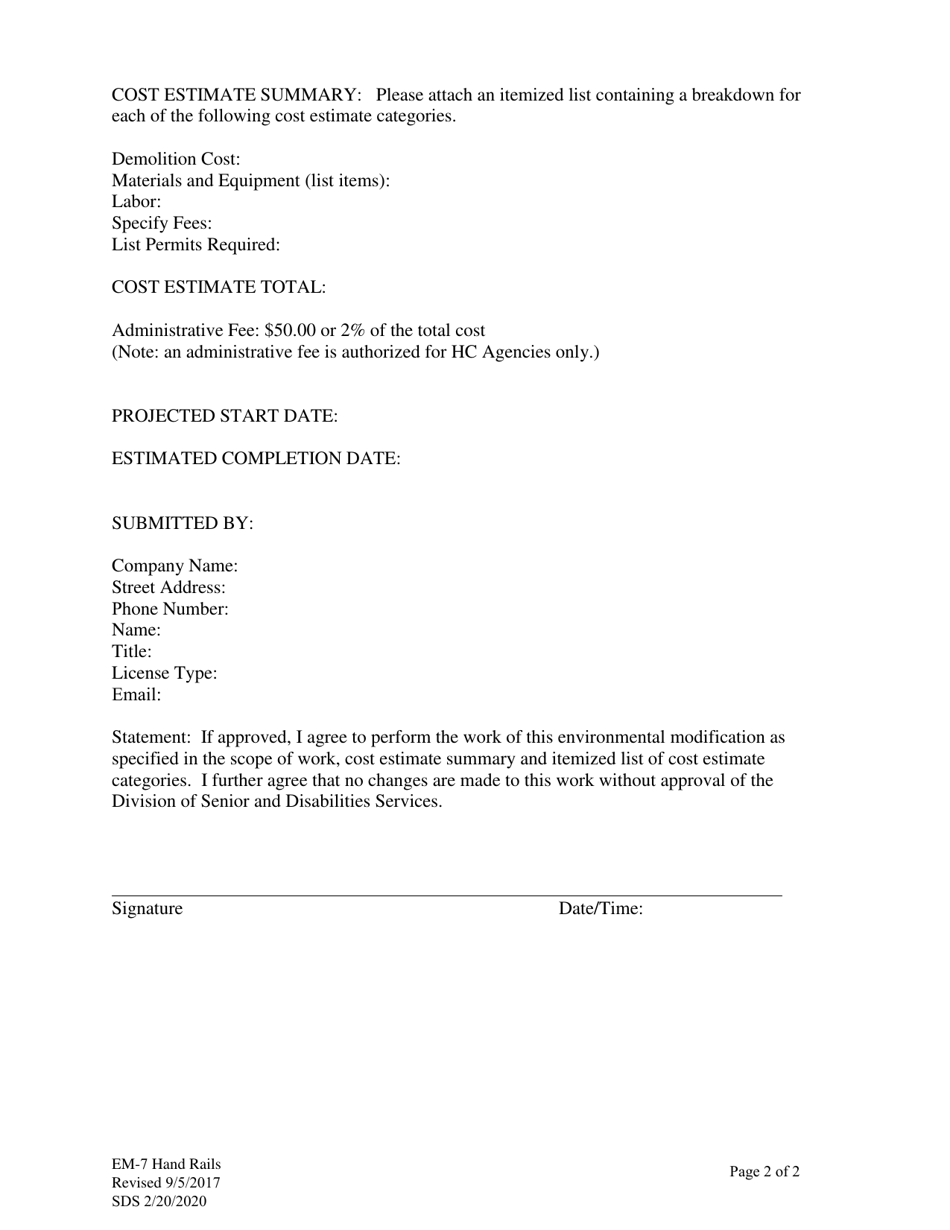 Form EM-7 Request for Cost Estimate - Hand Rails and Grab Bars - Alaska, Page 2