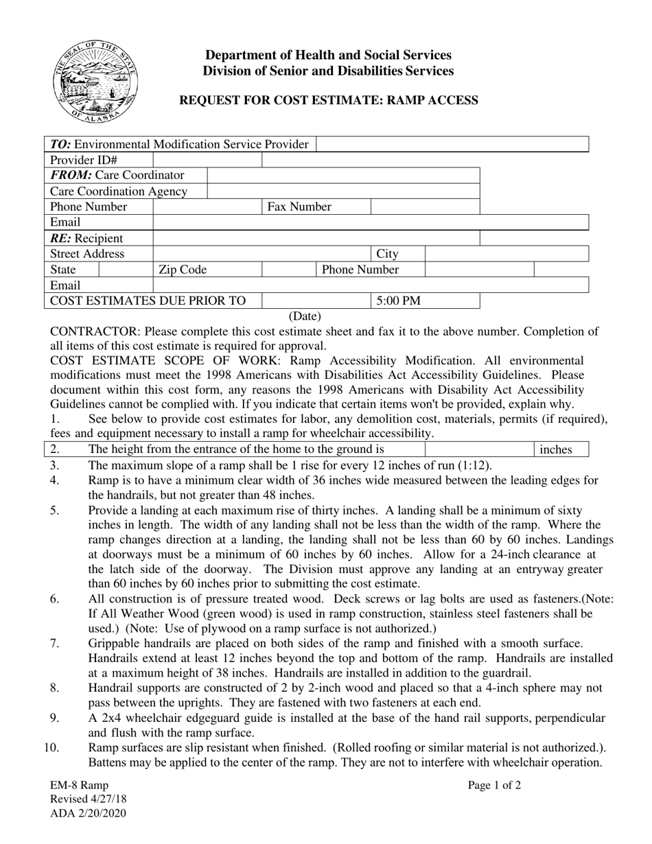 Form EM-08 Request for Cost Estimate - Ramp Access - Alaska, Page 1