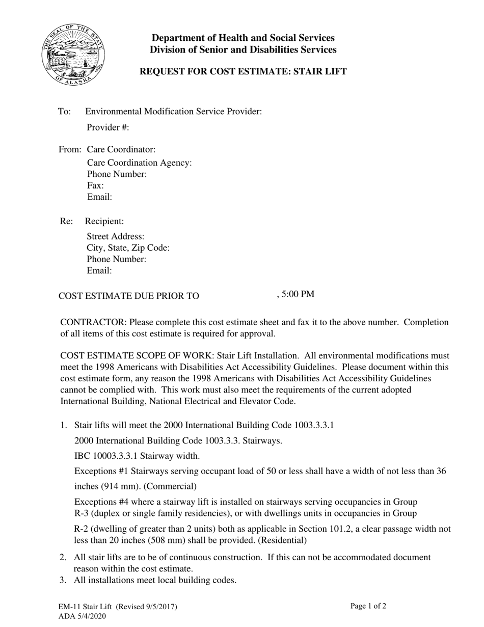 Form EM-11 Request for Cost Estimate: Stair Lift - Alaska, Page 1