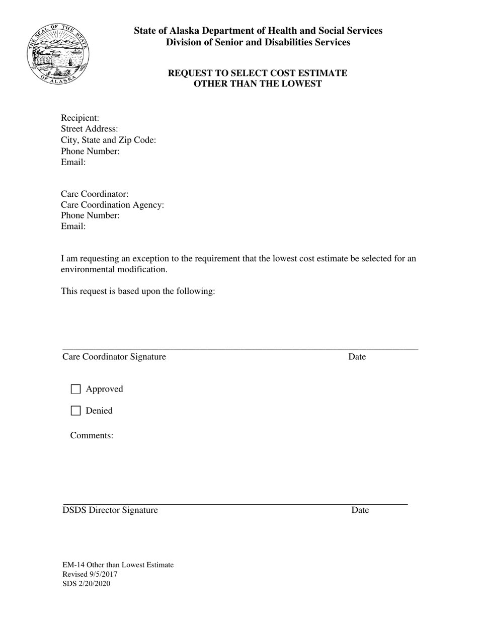 Form EM-14 Request to Select Cost Estimate Other Than Lowest - Alaska, Page 1