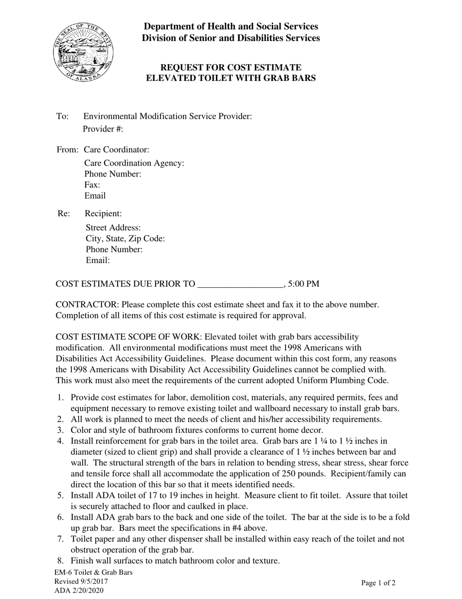 Form EM-6 Request for Cost Estimate - Elevated Toilet With Grab Bars - Alaska, Page 1