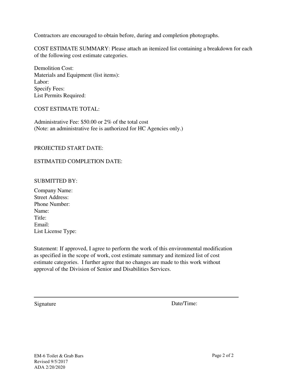 Form EM-6 Request for Cost Estimate - Elevated Toilet With Grab Bars - Alaska, Page 2