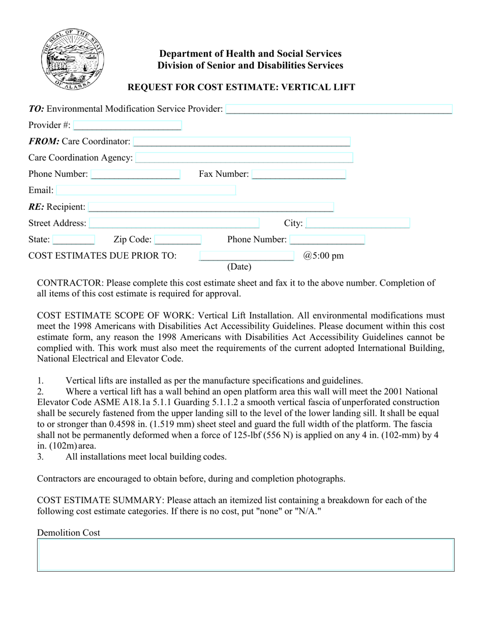 Form EM-12 Request for Cost Estimate - Vertical Lift - Alaska, Page 1