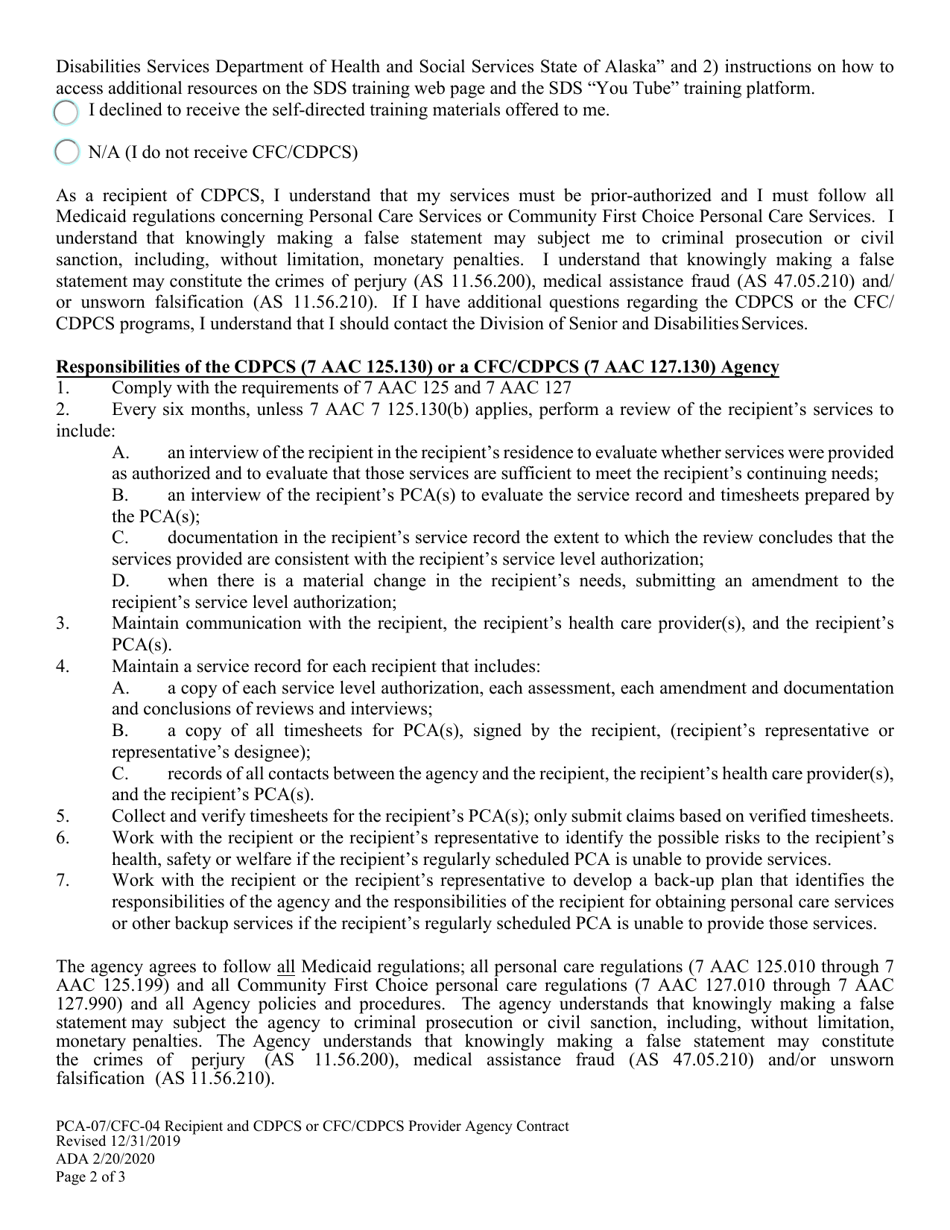 Form CFC-04 (PCA-07) Consumer Directed Personal Care Services (Cdpcs) and Community First Choice Consumer Directed Personal Care Services (Cfc / Cdpcs) Recipient and Cdpcs or Cfc / Cdpcs Provider Agency Contract - Alaska, Page 2