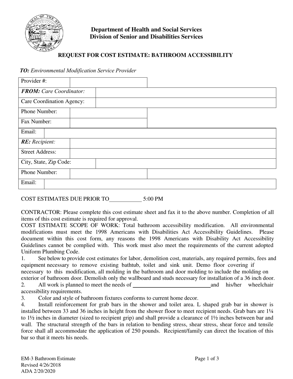 Form EM-3 Request for Cost Estimate - Bathroom Accessibility - Alaska, Page 1