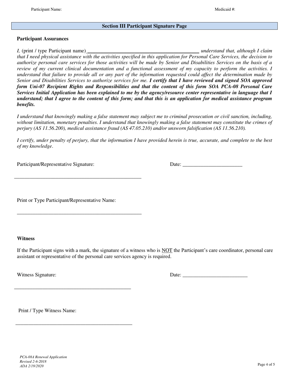 Form PCA-08A Personal Care Services Renewal Application - Alaska, Page 4