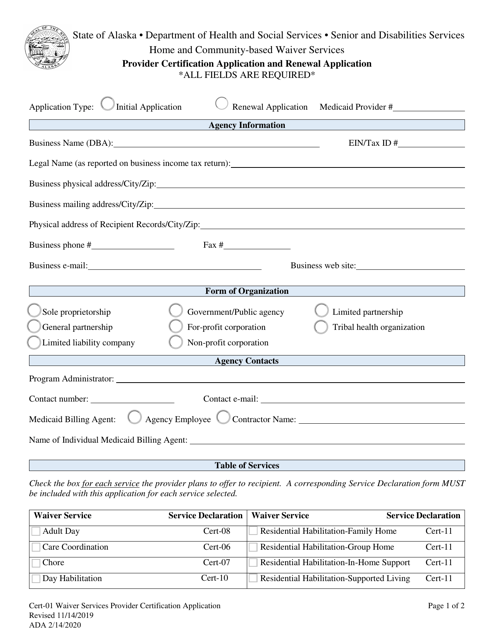 Form CERT-01 Waiver Services Provider Certification Application - Alaska