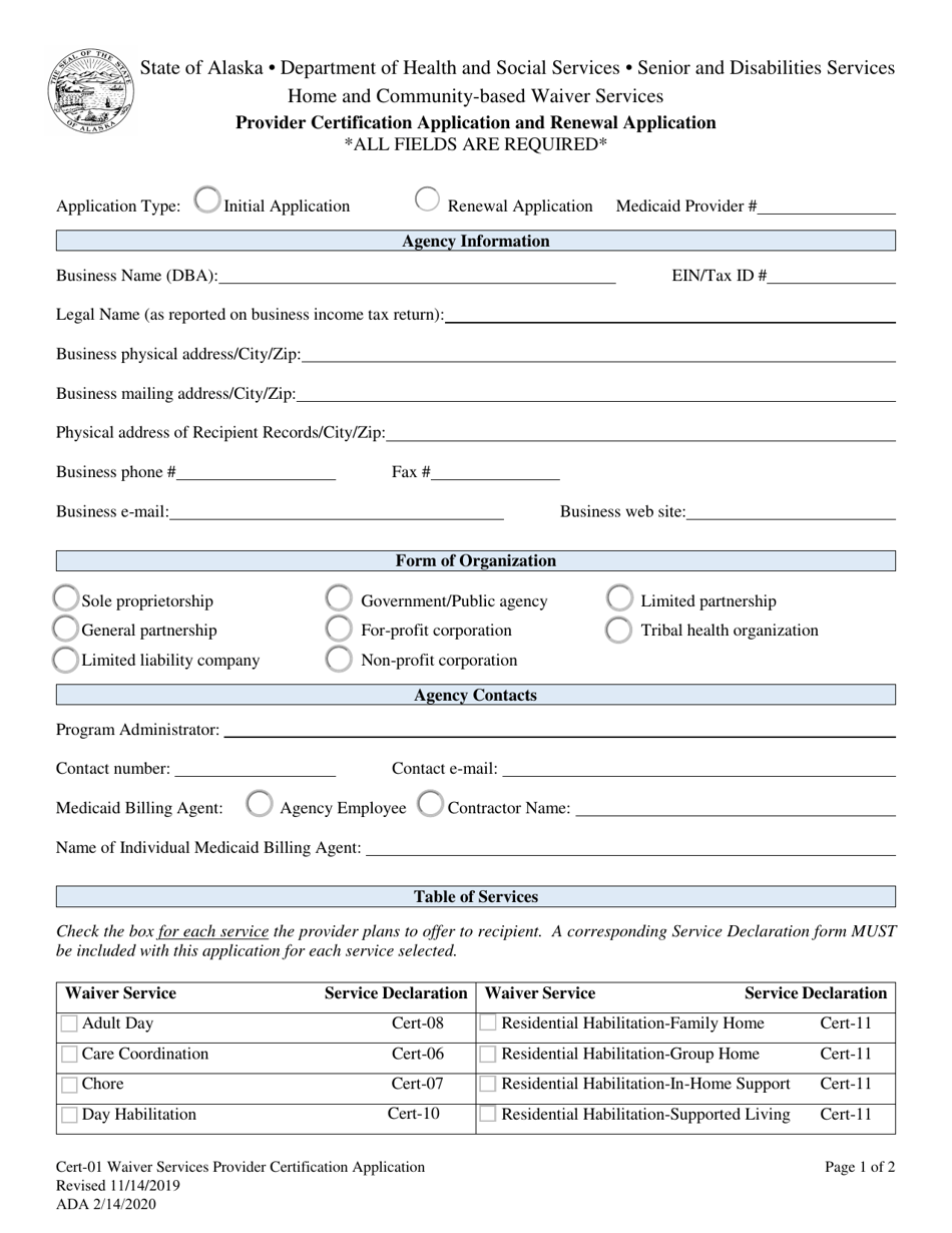 Form CERT-01 Waiver Services Provider Certification Application - Alaska, Page 1