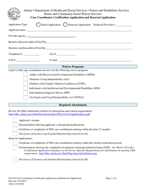 Form CERT-02 Care Coordinator Certification Application and Renewal Application - Alaska