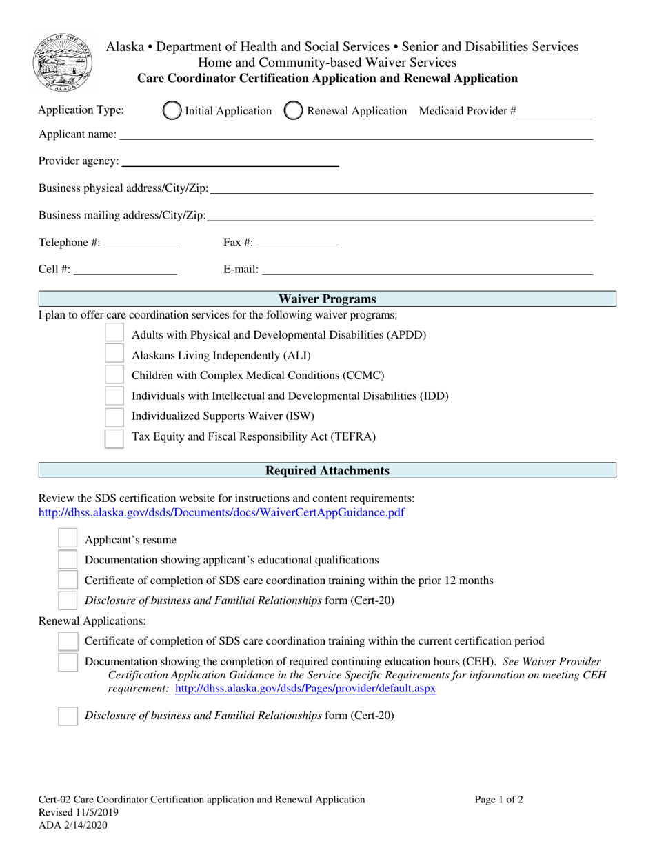 Form CERT-02 Care Coordinator Certification Application and Renewal Application - Alaska, Page 1
