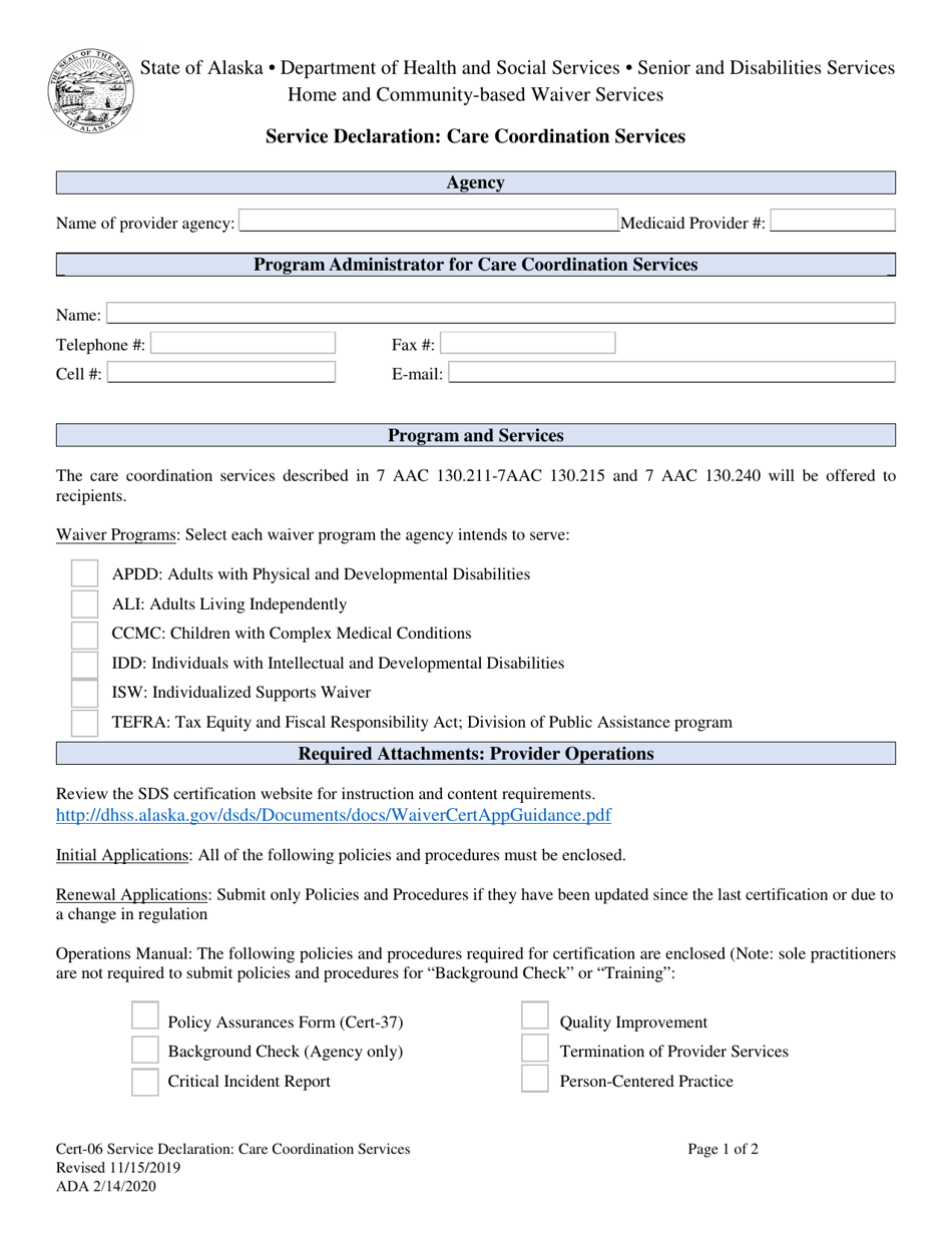 Form CERT-06 Service Declaration: Care Coordination Services - Alaska, Page 1