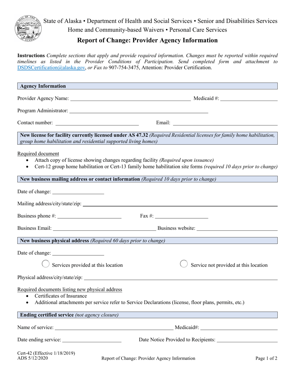 Form CERT-42 Report of Change: Provider Agency Information - Alaska, Page 1