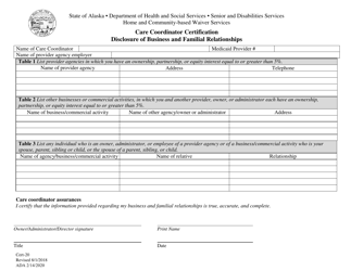 Document preview: Form CERT-20 Care Coordinator Disclosure of Business and Familial Relationships - Alaska