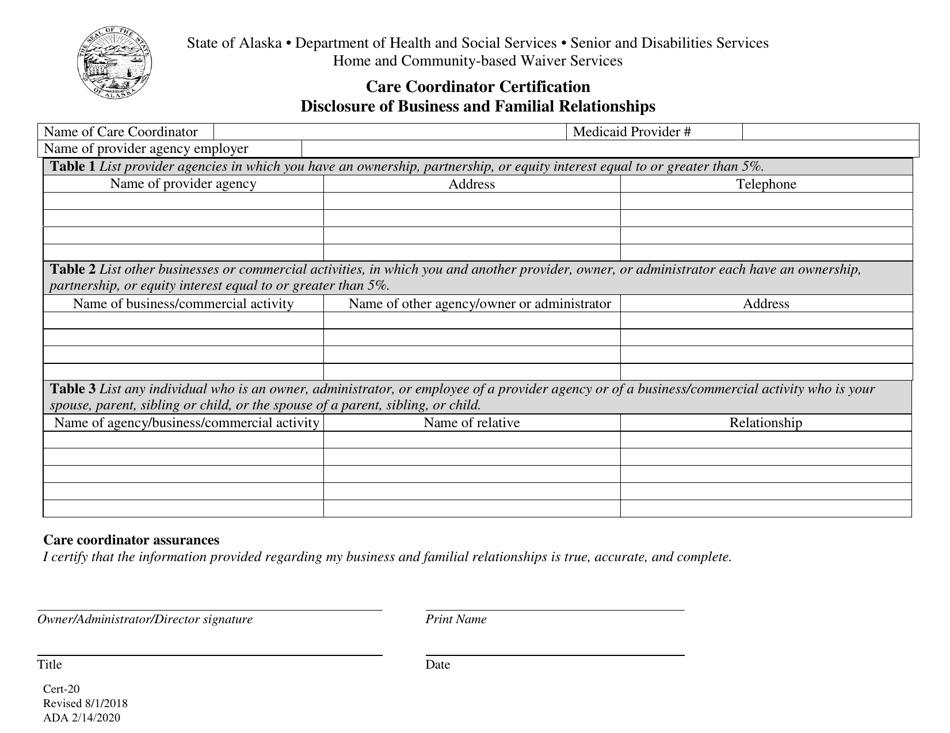 Form CERT-20 Care Coordinator Disclosure of Business and Familial Relationships - Alaska, Page 1