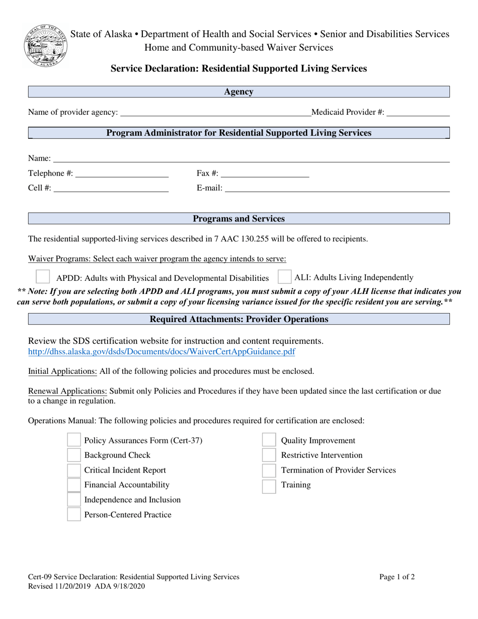 Form CERT-09 Service Declaration: Residential Supported Living Services - Alaska, Page 1